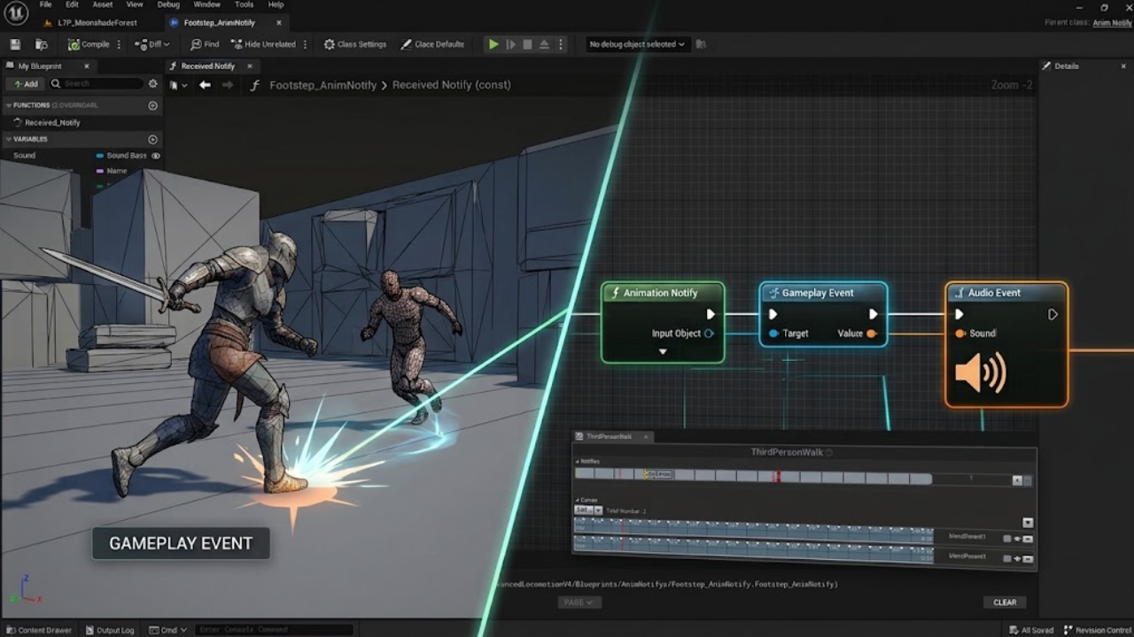 Gameplay audio implementation with animation events and sound triggers